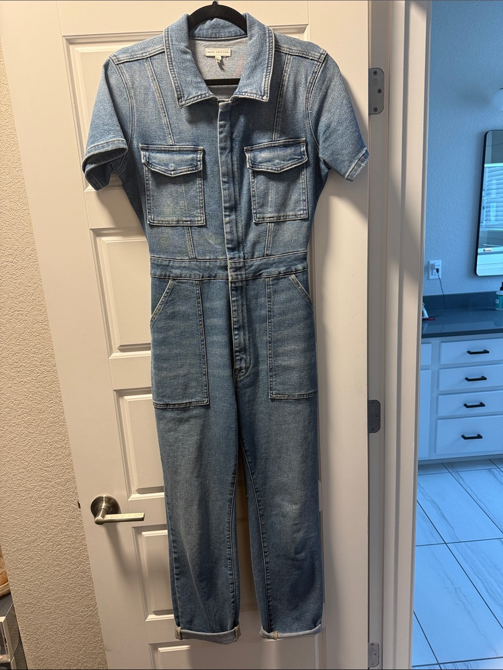 Good American Light Blue Denim Straight Jumpsuit